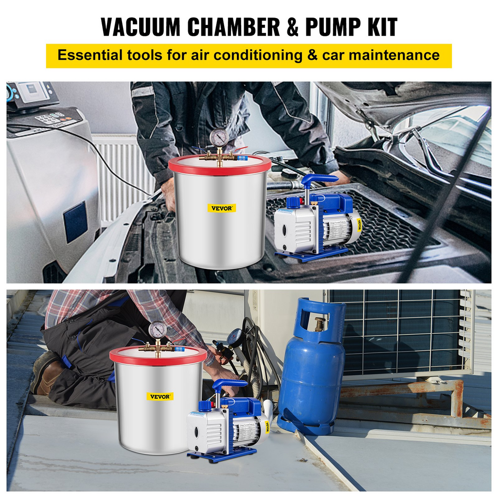 Bomba de vacío VEVOR de 7 CFM y 3/4 HP, bomba de vacío de dos etapas para aire acondicionado, 2 etapas + cámara de vacío de 5 galones JH2