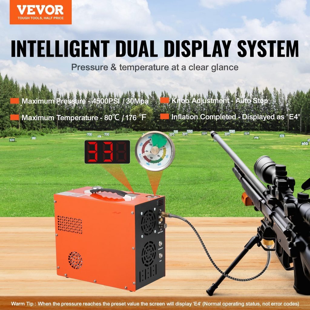 Compresor de aire PCP VEVOR portátil 4500 PSI 30 Mpa enfriamiento por agua y ventilador integrado parada automática DC12V AC120V para paintball rifle de aire y buceo