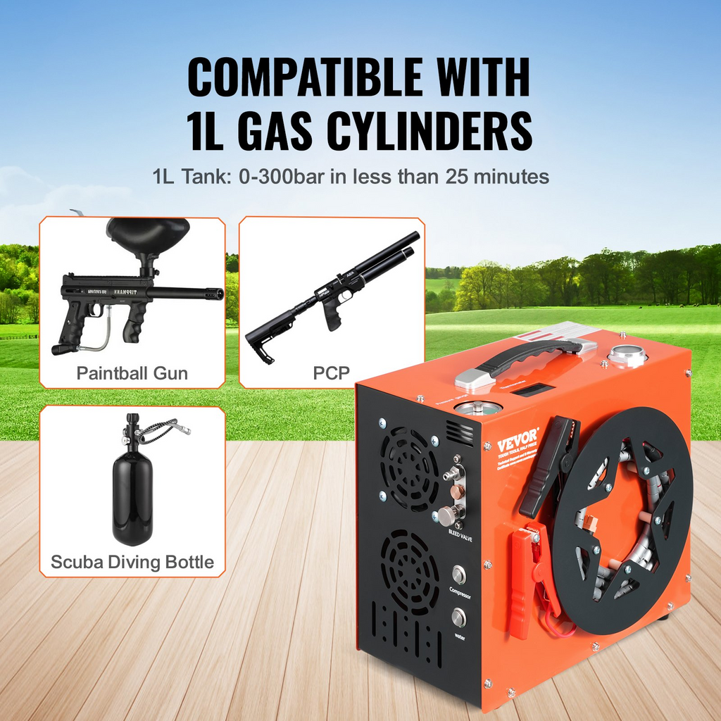 Compresor de aire PCP VEVOR portátil 4500 PSI 30 Mpa enfriamiento por agua y ventilador integrado parada automática DC12V AC120V para paintball rifle de aire y buceo