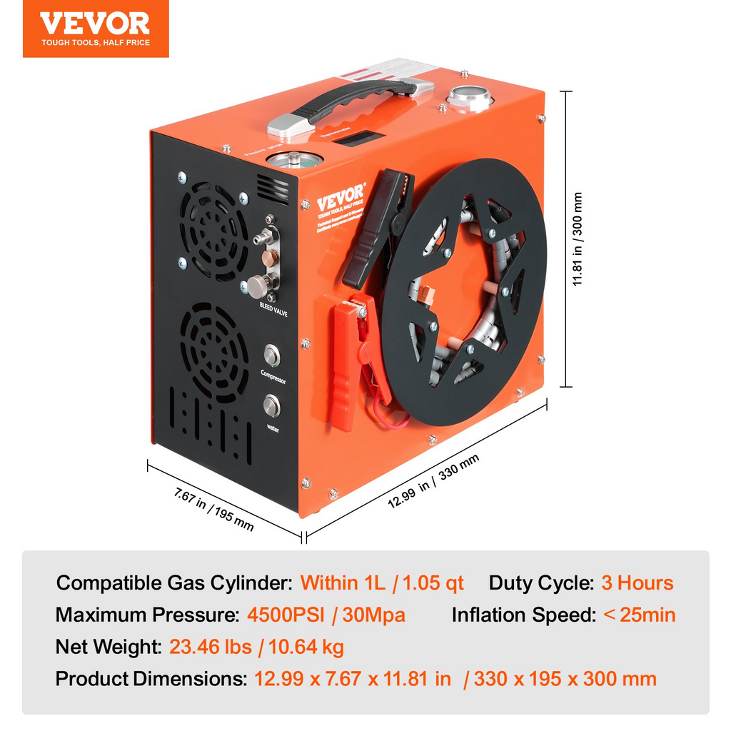 Compresor de aire PCP VEVOR portátil 4500 PSI 30 Mpa enfriamiento por agua y ventilador integrado parada automática DC12V AC120V para paintball rifle de aire y buceo