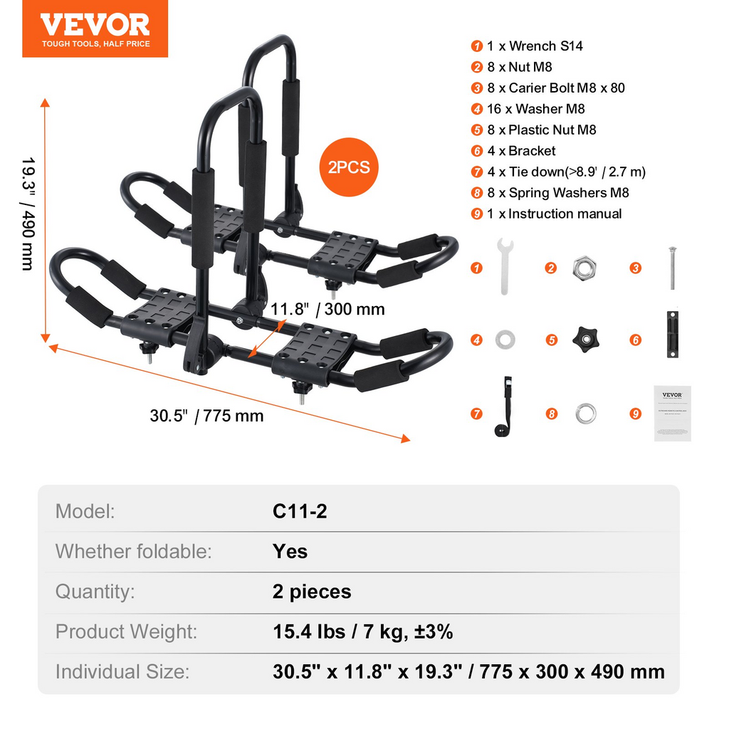 VEVOR Portaequipajes de techo para kayak 1 par barra en J