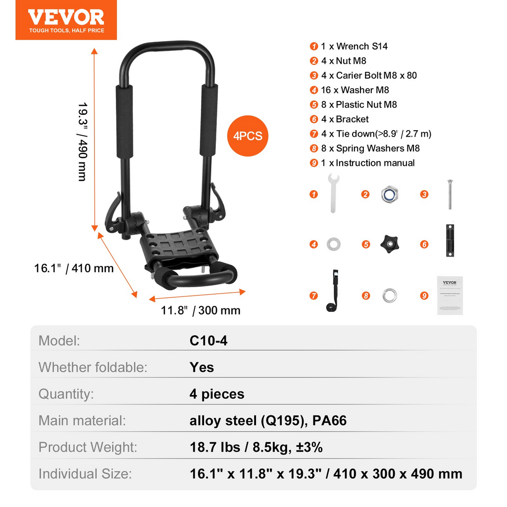 VEVOR Portaequipajes para kayak 2 pares barra en J
