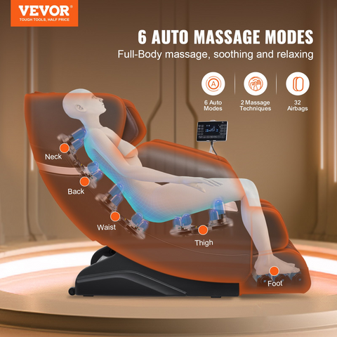 Sillón de masaje VEVOR:  de cuerpo completo con gravedad cero múltiples modos automáticos shiatsu 3D calefacción altavoz Bluetooth airbag rodillo para pies y pantalla táctil.
