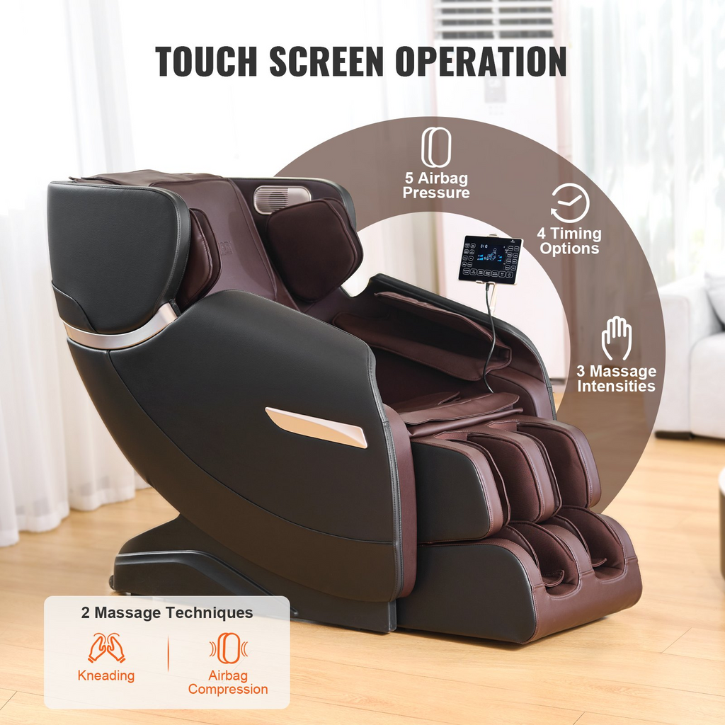 Sillón de masaje VEVOR:  de cuerpo completo con gravedad cero múltiples modos automáticos shiatsu 3D calefacción altavoz Bluetooth airbag rodillo para pies y pantalla táctil.
