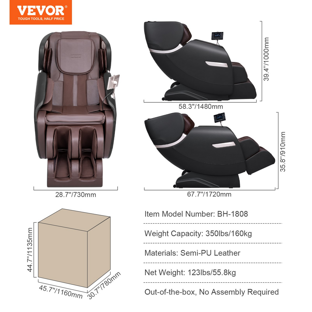 Sillón de masaje VEVOR:  de cuerpo completo con gravedad cero múltiples modos automáticos shiatsu 3D calefacción altavoz Bluetooth airbag rodillo para pies y pantalla táctil.