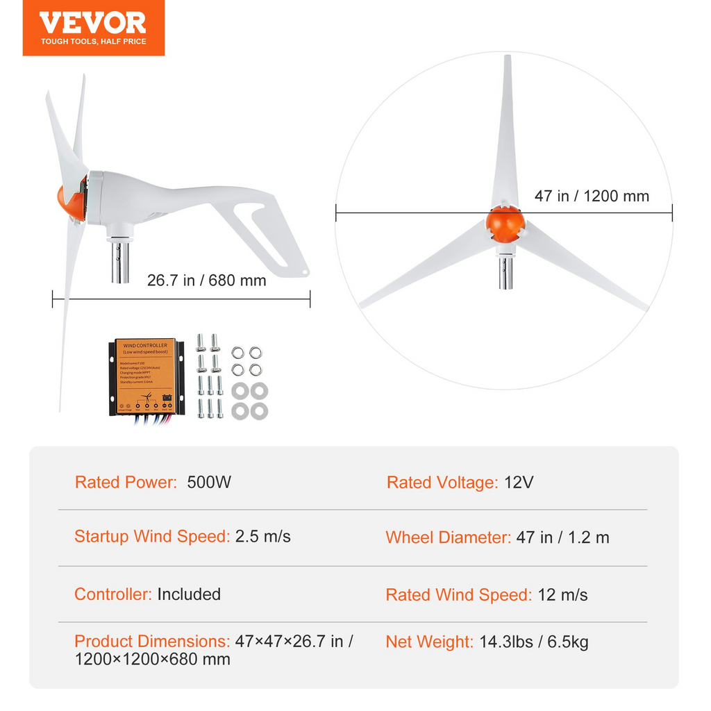 Generador de turbina eólica VEVOR de 500 W 12 V  3 aspas con controlador MPPT