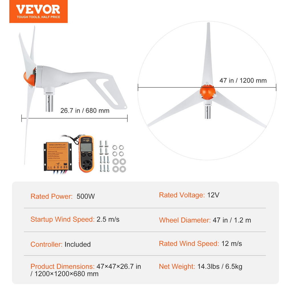 Generador de turbina eólica VEVOR de 500 W con anemómetro de 12 V de 3 aspas