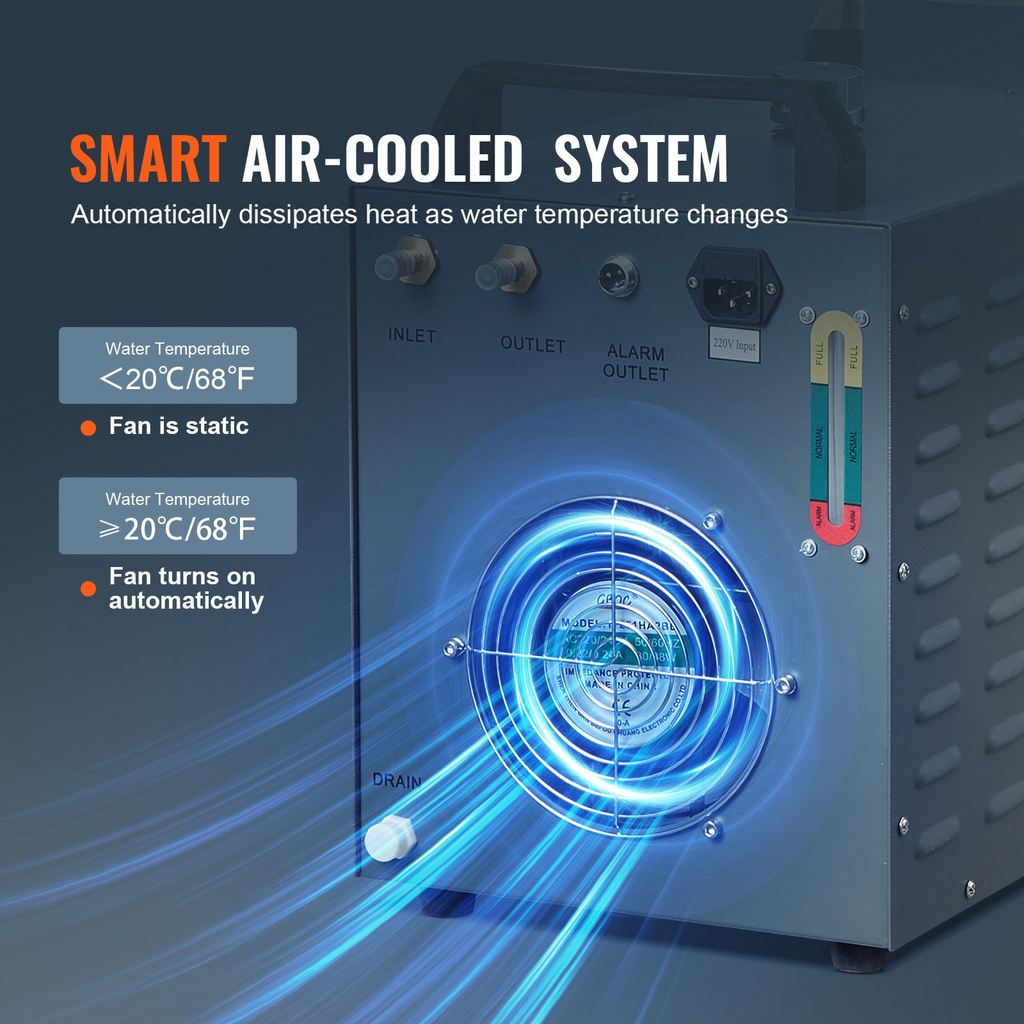 Enfriador de agua industrial VEVOR CW-3000(PRO) por aire de 150 W con capacidad de tanque de agua de 12 L caudal máximo de 18 L/min