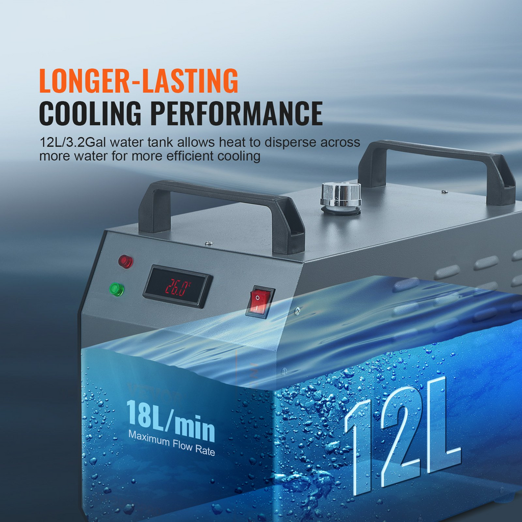 Enfriador de agua industrial VEVOR CW-3000(PRO) por aire de 150 W con capacidad de tanque de agua de 12 L caudal máximo de 18 L/min