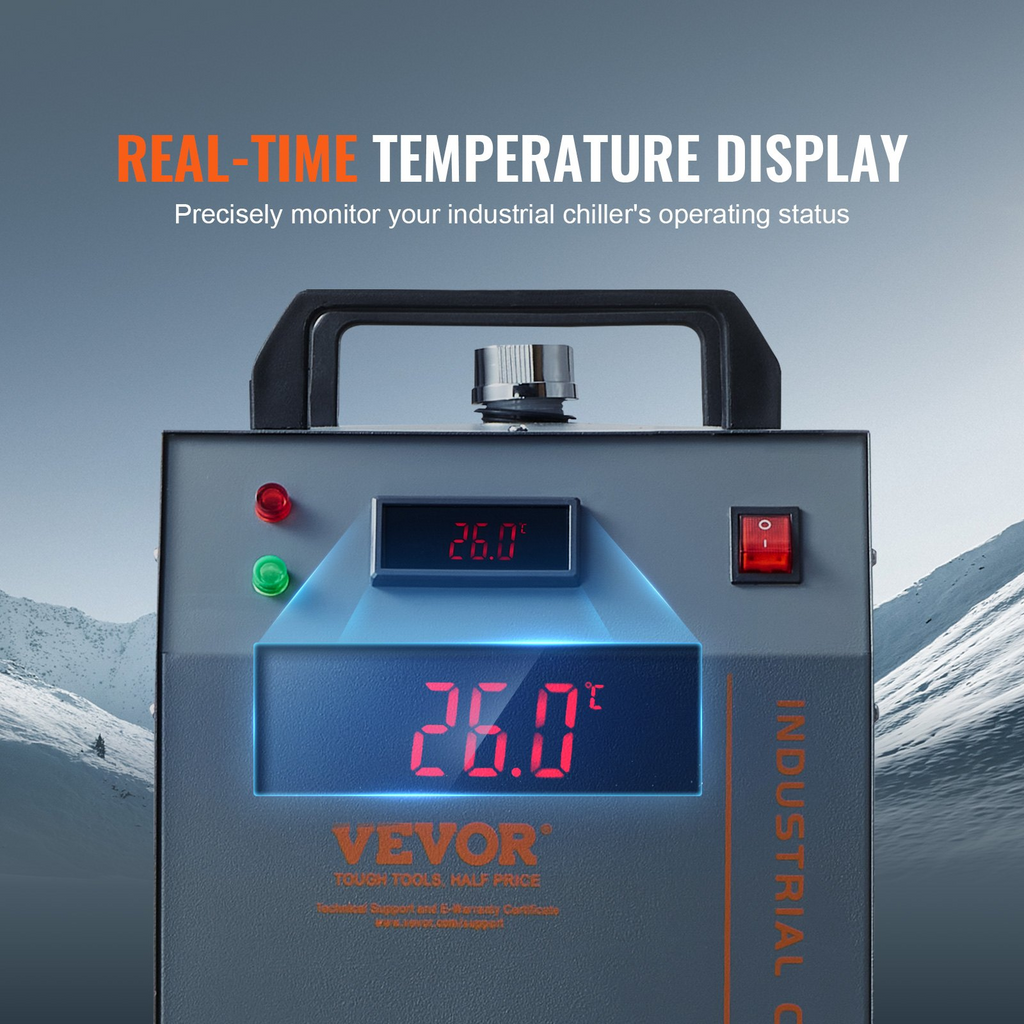 Enfriador de agua industrial VEVOR CW-3000(PRO) por aire de 150 W con capacidad de tanque de agua de 12 L caudal máximo de 18 L/min