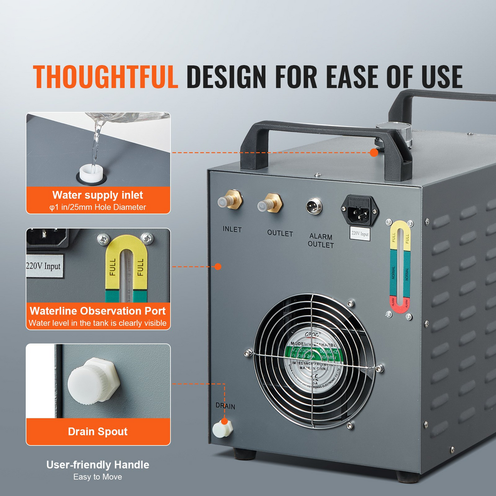 Enfriador de agua industrial VEVOR CW-3000(PRO) por aire de 150 W con capacidad de tanque de agua de 12 L caudal máximo de 18 L/min