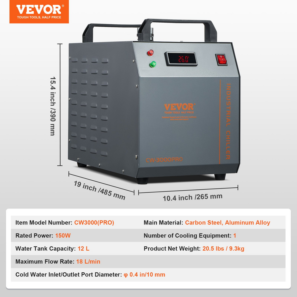 Enfriador de agua industrial VEVOR CW-3000(PRO) por aire de 150 W con capacidad de tanque de agua de 12 L caudal máximo de 18 L/min