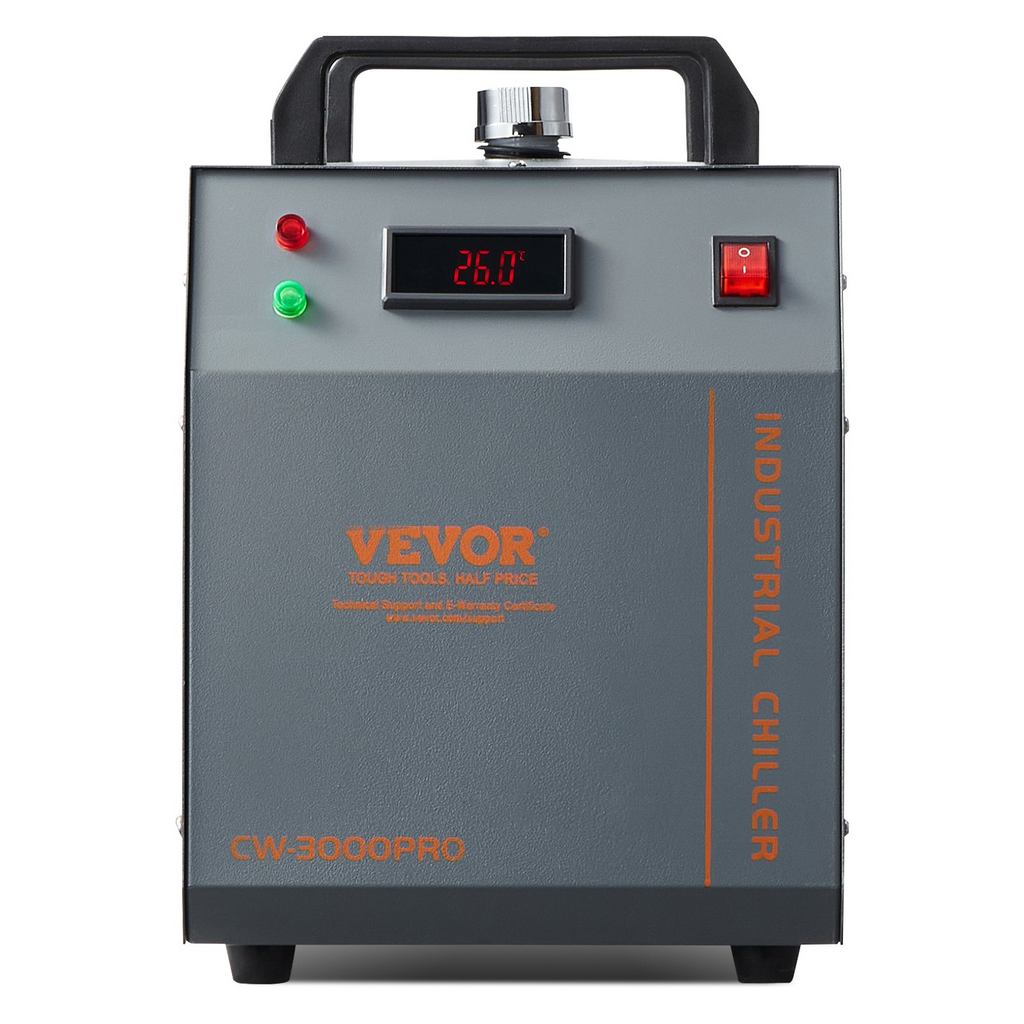 Enfriador de agua industrial VEVOR CW-3000(PRO) por aire de 150 W con capacidad de tanque de agua de 12 L caudal máximo de 18 L/min