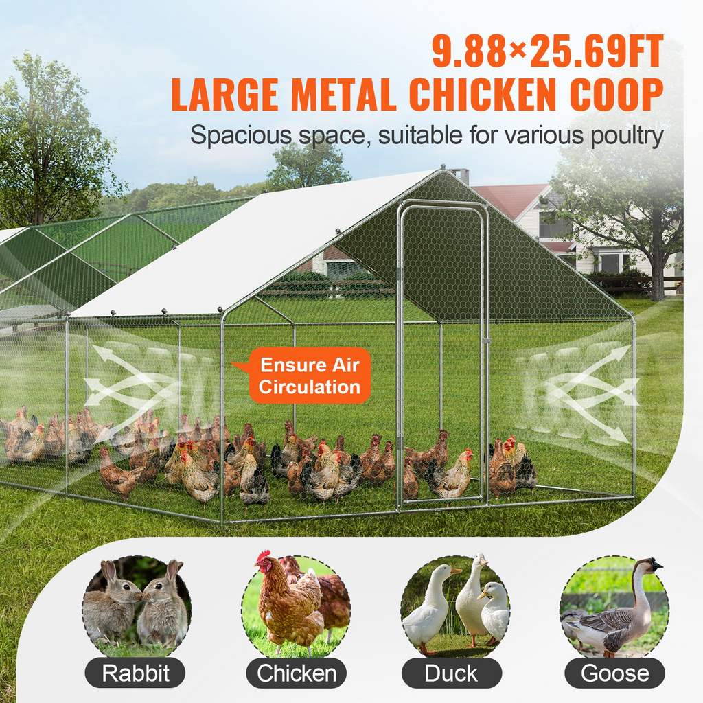 VEVOR Gallinero grande de metal con corral 9,8 x 25,6 x 6,5 pies corrales para gallinas con entrada para patio con cubierta