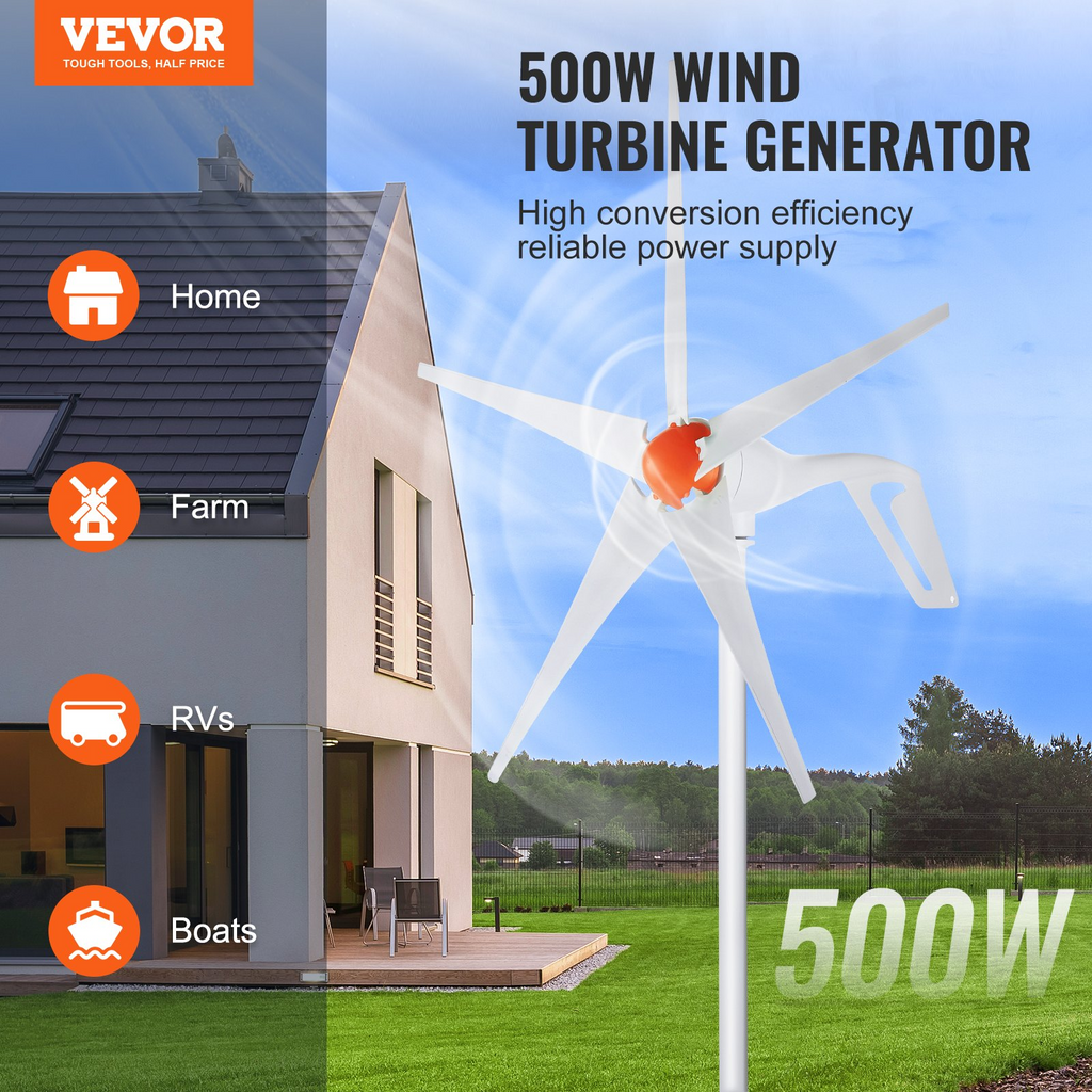 Generador de turbina eólica VEVOR de 500 W 12 V 5 aspas con controlador MPPT