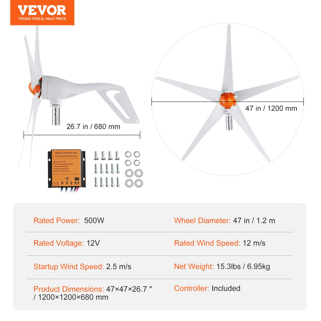 Generador de turbina eólica VEVOR de 500 W 12 V 5 aspas con controlador MPPT