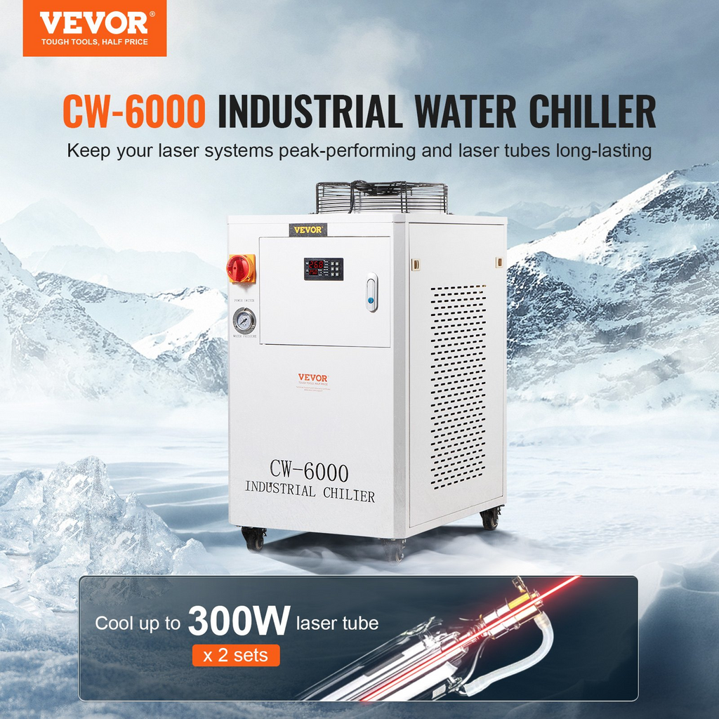 Enfriador de agua industrial VEVOR CW6000 de 1500 W con compresor capacidad del tanque de agua de 15 L caudal máximo de 65 L/min
