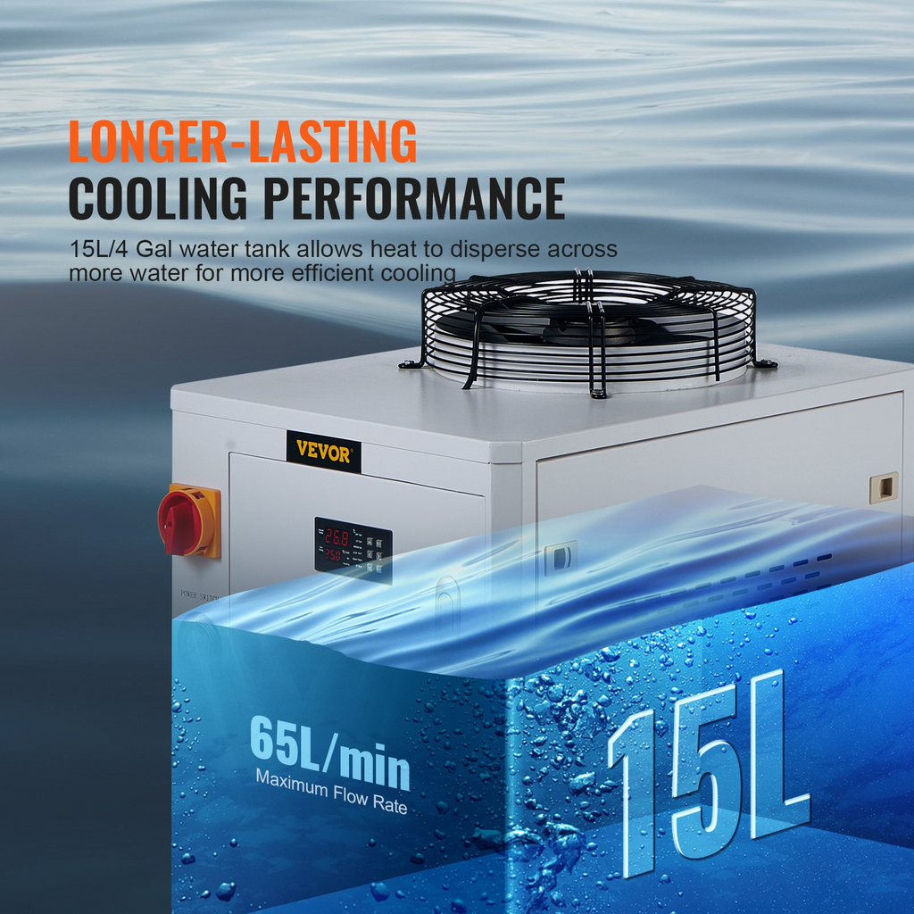 Enfriador de agua industrial VEVOR CW6000 de 1500 W con compresor capacidad del tanque de agua de 15 L caudal máximo de 65 L/min