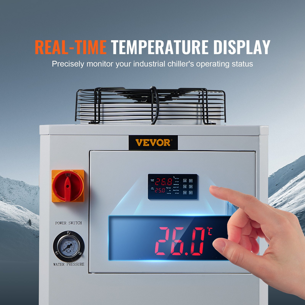 Enfriador de agua industrial VEVOR CW6000 de 1500 W con compresor capacidad del tanque de agua de 15 L caudal máximo de 65 L/min