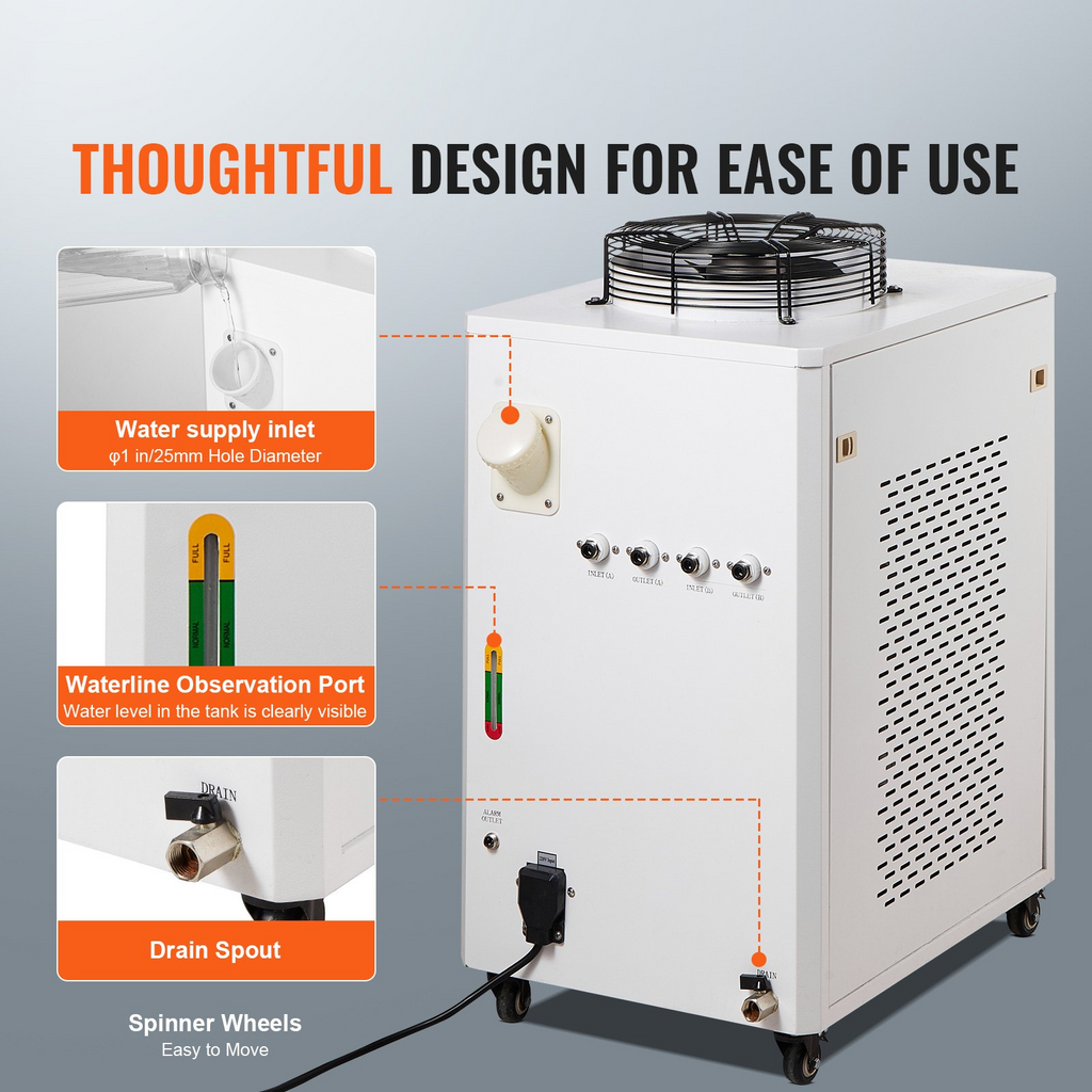 Enfriador de agua industrial VEVOR CW6000 de 1500 W con compresor capacidad del tanque de agua de 15 L caudal máximo de 65 L/min