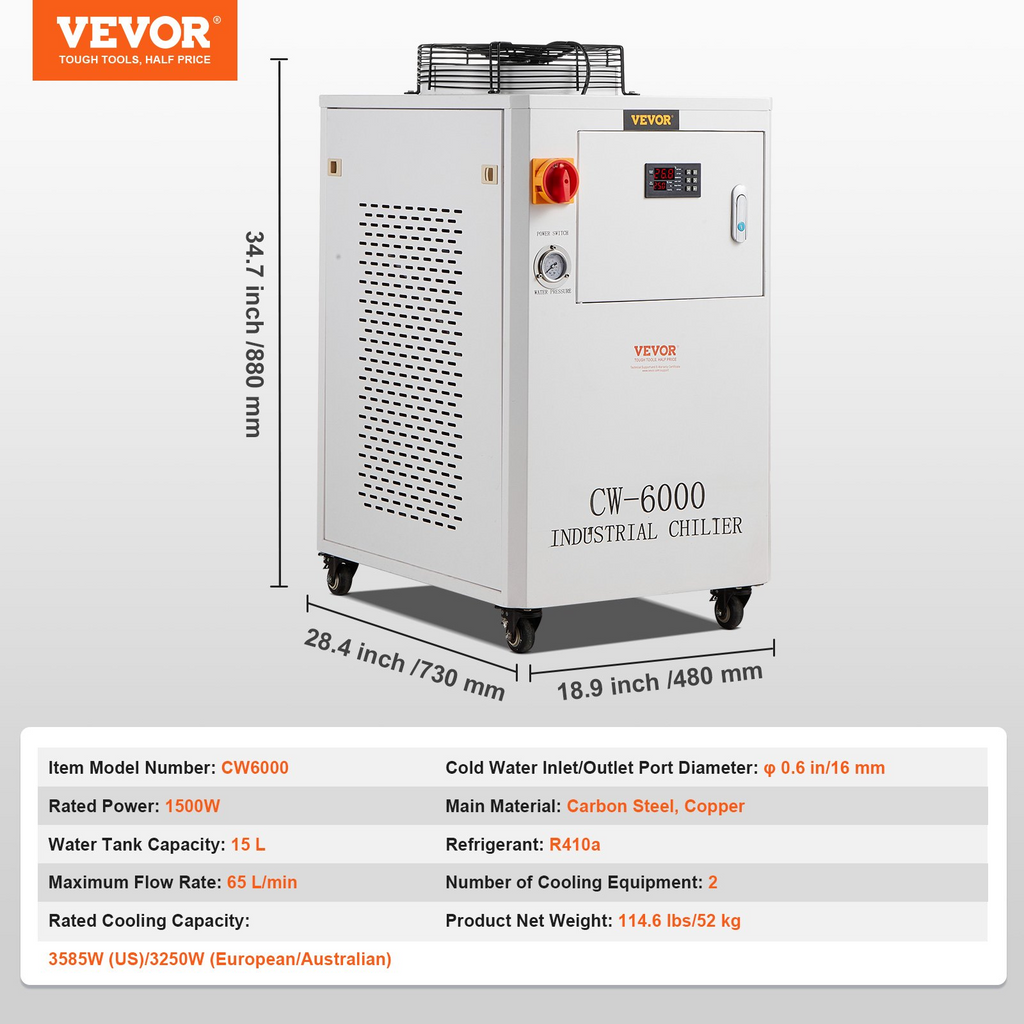 Enfriador de agua industrial VEVOR CW6000 de 1500 W con compresor capacidad del tanque de agua de 15 L caudal máximo de 65 L/min