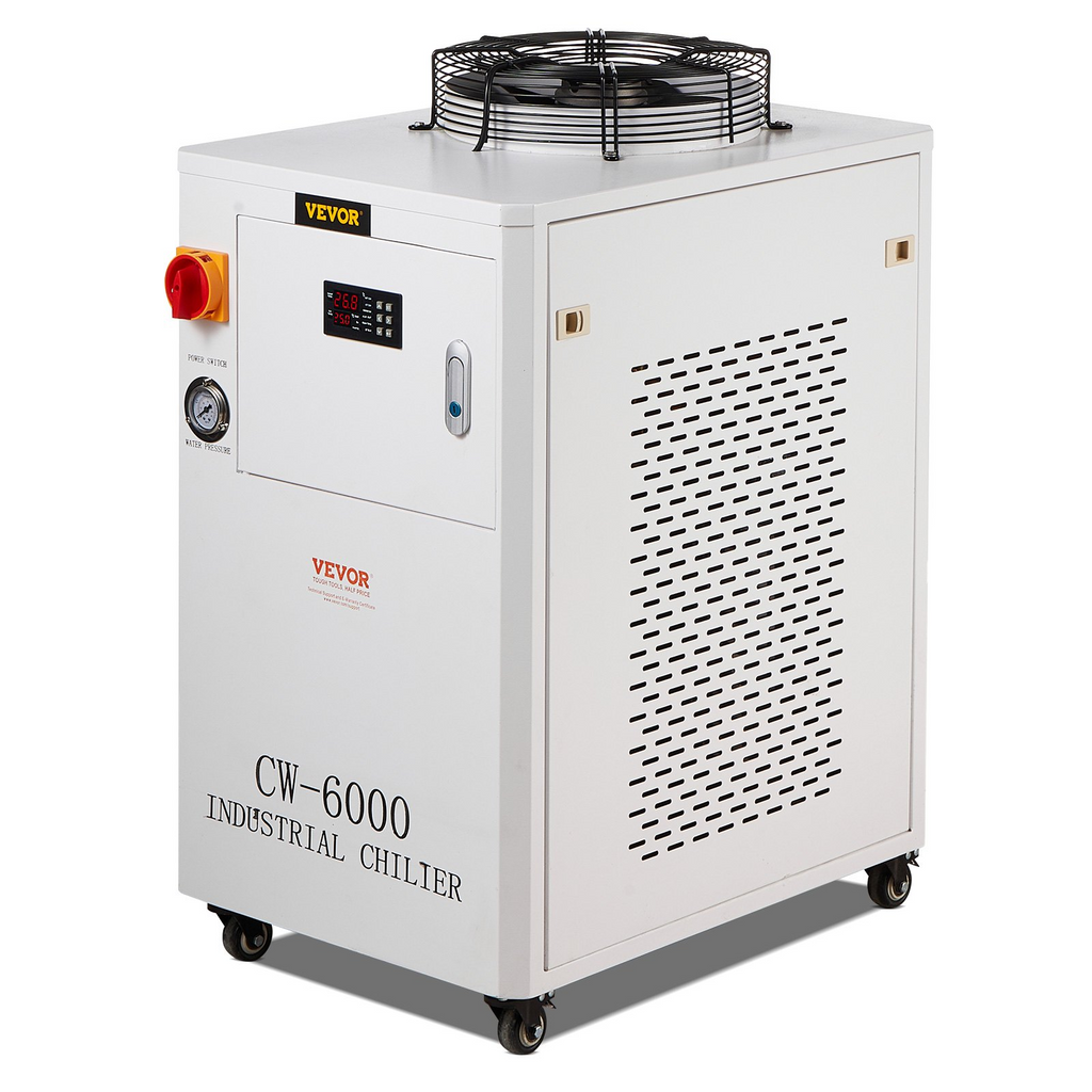 Enfriador de agua industrial VEVOR CW6000 de 1500 W con compresor capacidad del tanque de agua de 15 L caudal máximo de 65 L/min