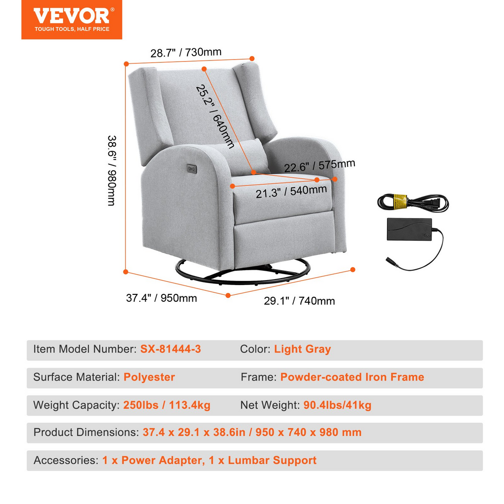 Sillón reclinable eléctrico deslizador giratorio capacidad de peso de 250 lb