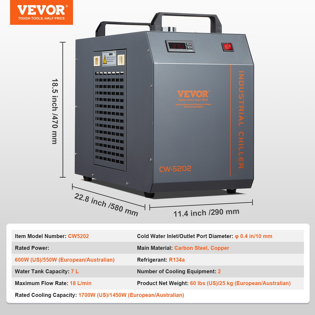 Enfriador de agua industrial VEVOR CW-5202 capacidad de tanque de agua de 7 l caudal máximo de 18 l/min