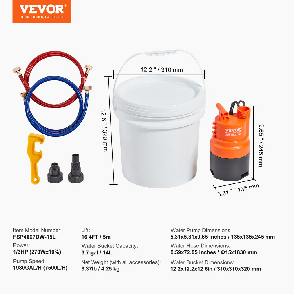 Kit de lavado de calentador de agua sin tanque VEVOR incluye bomba eficiente y balde de 3,7 galones y 2 mangueras