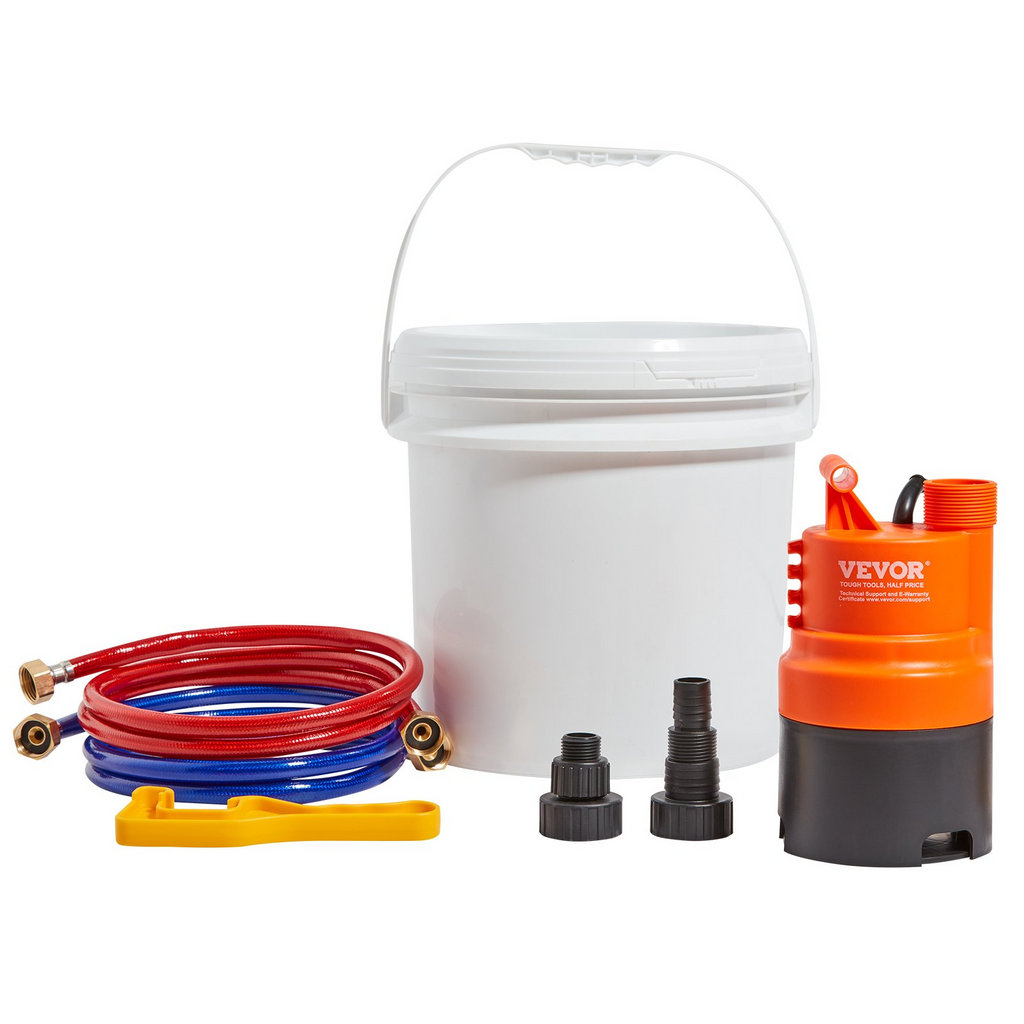 Kit de lavado de calentador de agua sin tanque VEVOR incluye bomba eficiente y balde de 3,7 galones y 2 mangueras