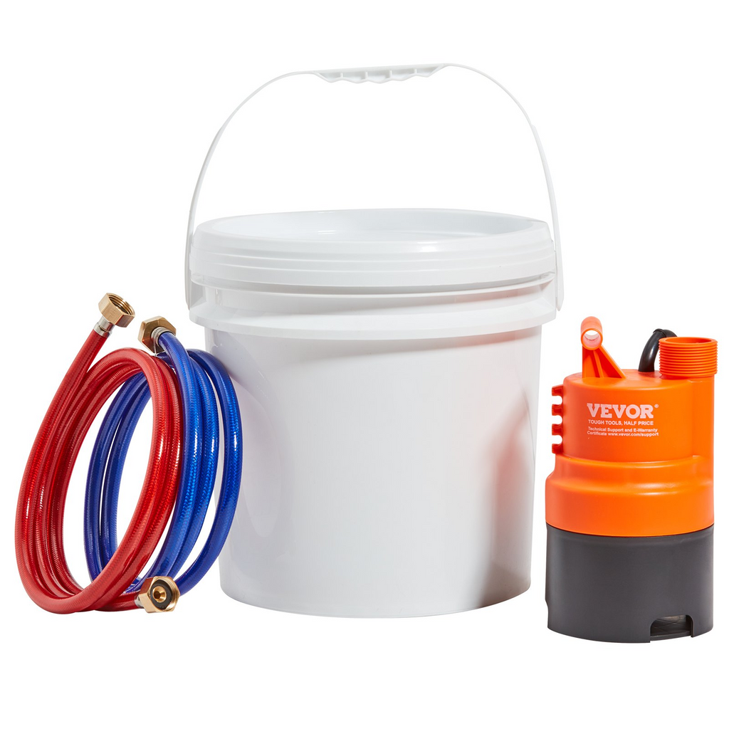 Kit de lavado de calentador de agua sin tanque VEVOR incluye bomba eficiente y balde de 3,7 galones y 2 mangueras