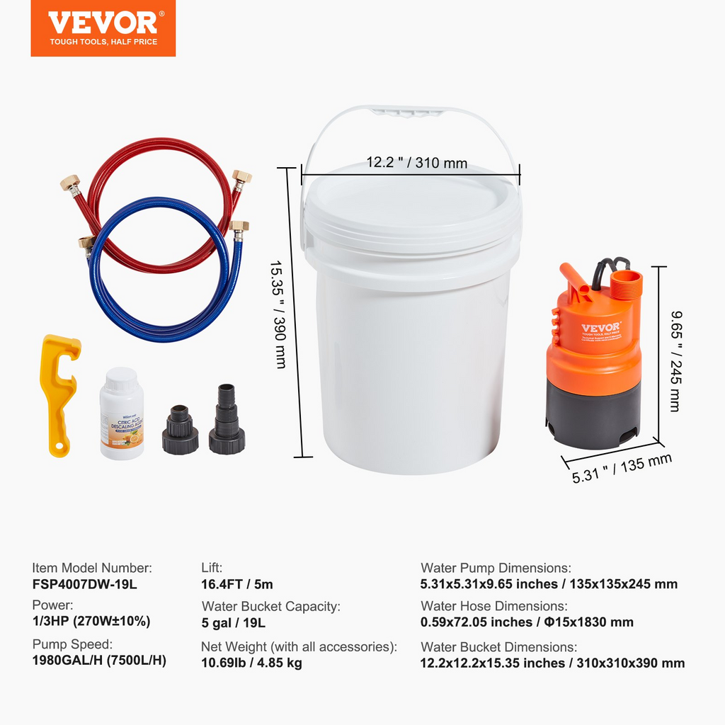 Kit de lavado de calentador de agua sin tanque VEVOR incluye bomba eficiente balde de 5 galones 2 mangueras
