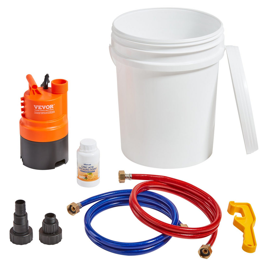 Kit de lavado de calentador de agua sin tanque VEVOR incluye bomba eficiente balde de 5 galones 2 mangueras
