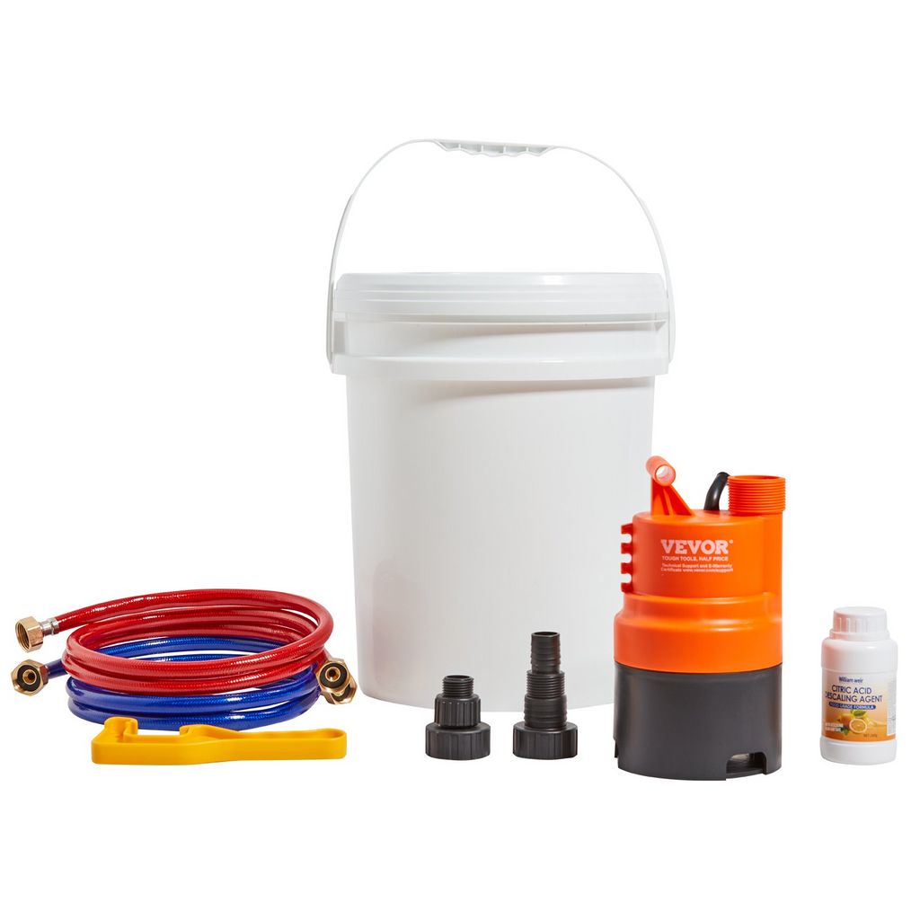 Kit de lavado de calentador de agua sin tanque VEVOR incluye bomba eficiente balde de 5 galones 2 mangueras