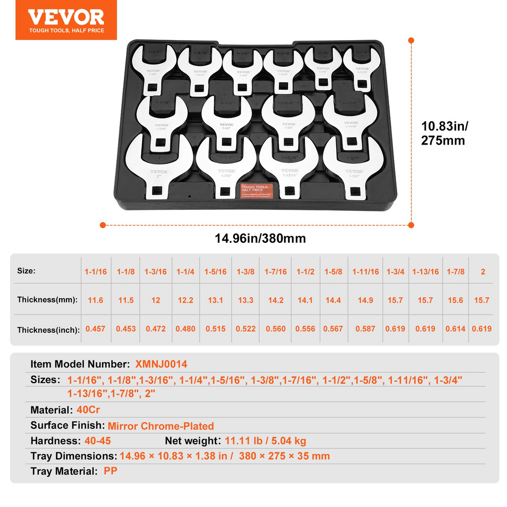 Juego de llaves de pata de gallo VEVOR 1/2" SAE 14 piezas (1-1/16" - 2")
