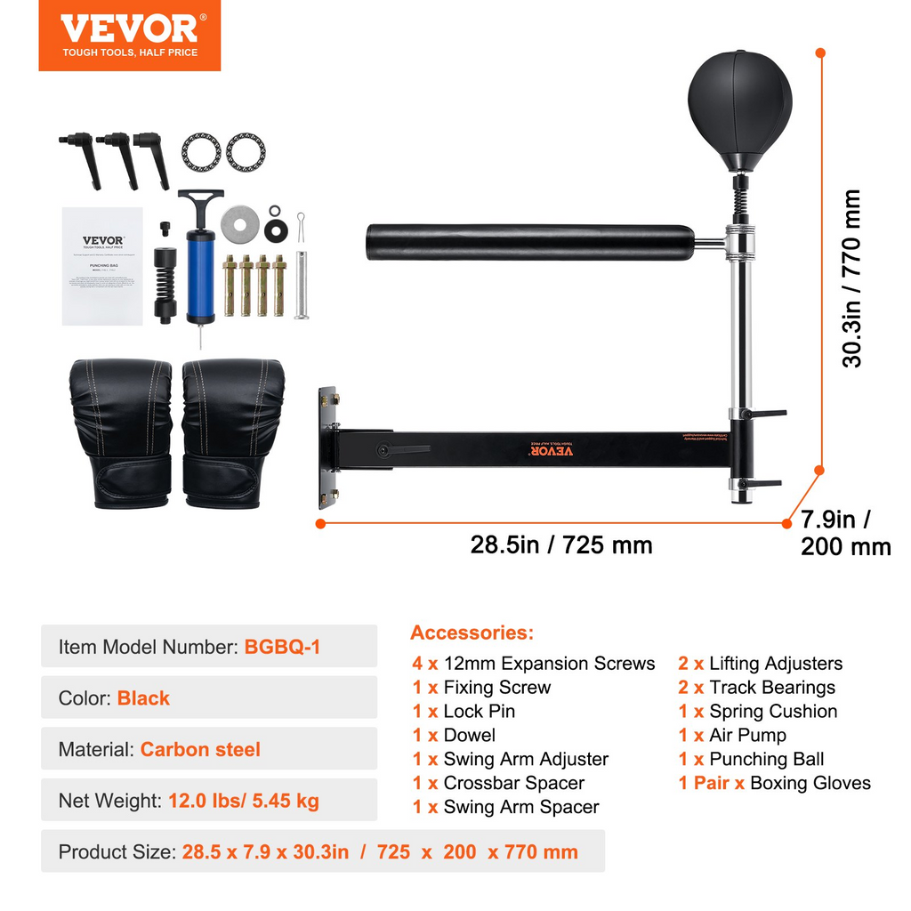 VEVOR Barra de boxeo giratoria de montaje en pared, barra giratoria con bola de boxeo, entrenador de velocidad de boxeo ajustable,
