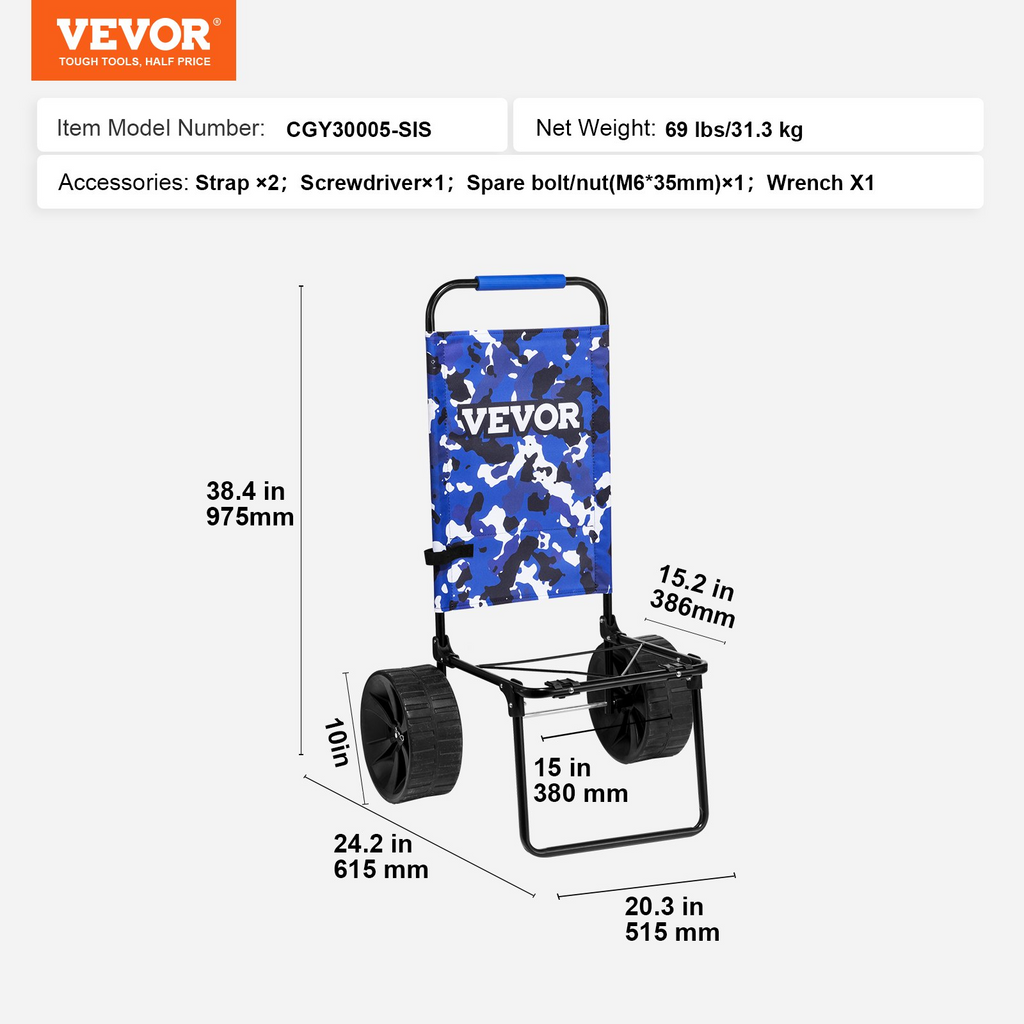 VEVOR - Carretilla de playa con ruedas grandes para arena 15,4" x 15,7" con ruedas sólidas de polietileno de 10" capacidad de carga de 69 libras