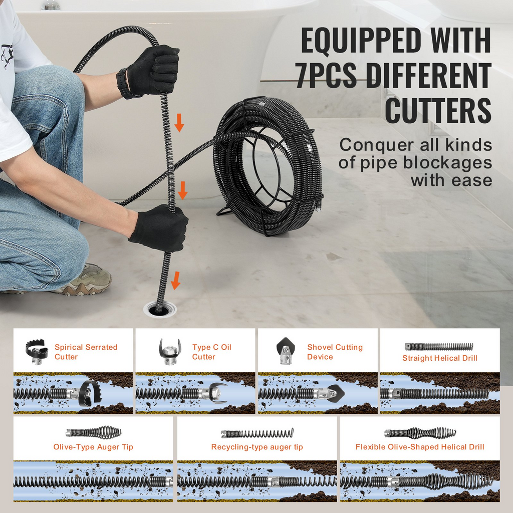 Cable de limpieza de desagües VEVOR de 30 MTS x 5/8 pulgadas, cable de limpieza de desagües seccional profesional con 7 cortadores para tuberías de 0,8" a 3,9" JH2