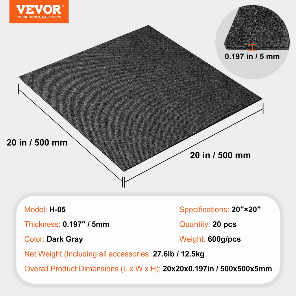 VEVOR - Alfombras modulares reutilizables de 20 x 20 pulgadas con acolchado incorporado fáciles de instalar para dormitorio (20 unidades, gris oscuro)