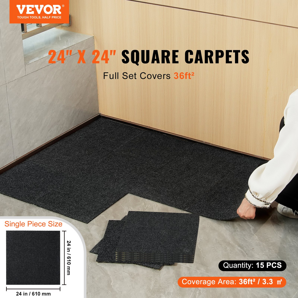 VEVOR - Losetas de alfombra autoadhesivas de 24 x 24 pulgadas con acolchado suave (15 losetas, negro carbón)