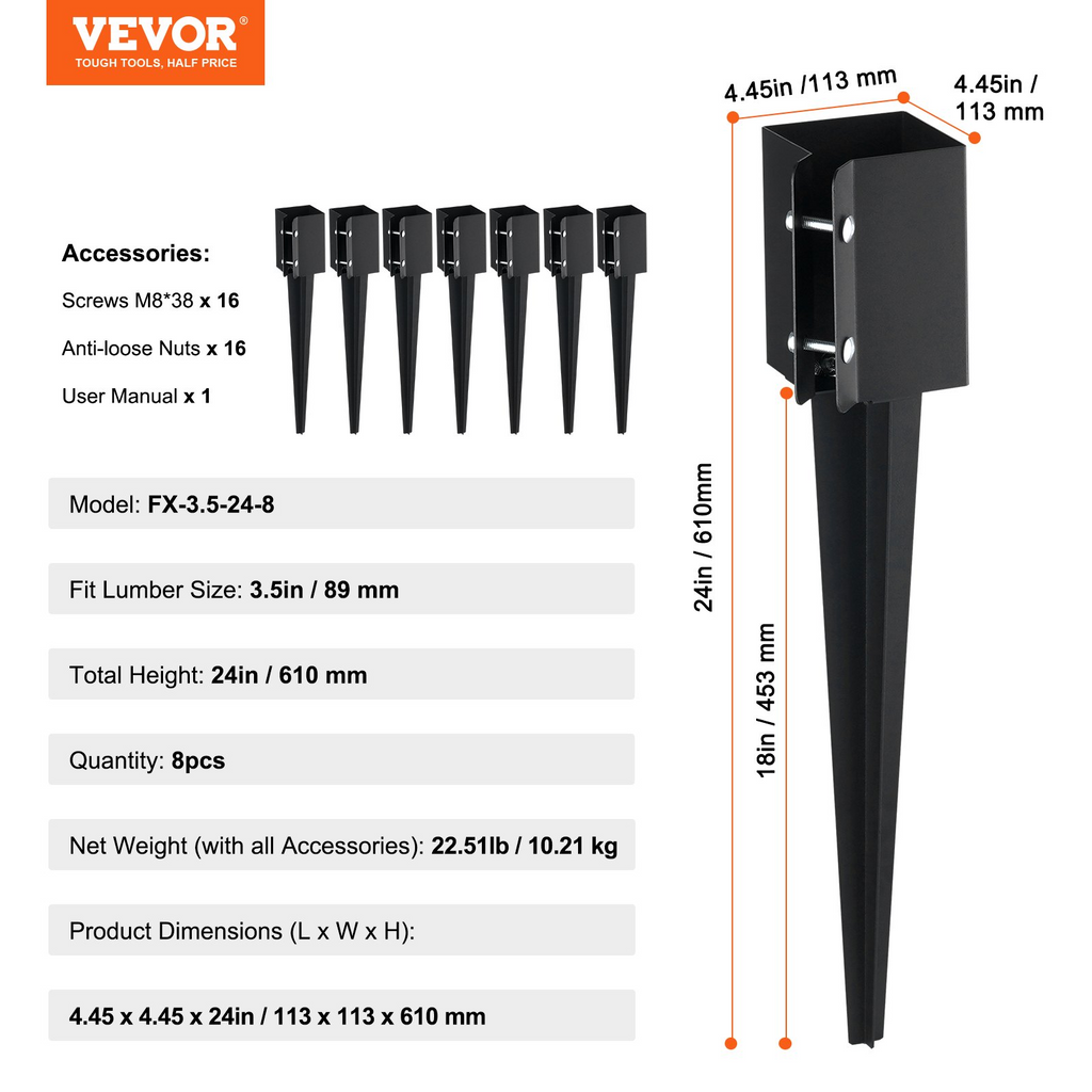 VEVOR - Estaca de anclaje para postes de cerca paquete de 8, 24 x 4 x 4 pulgadas de diámetro exterior (diámetro interior de 3,5 x 3,5 pulgadas)