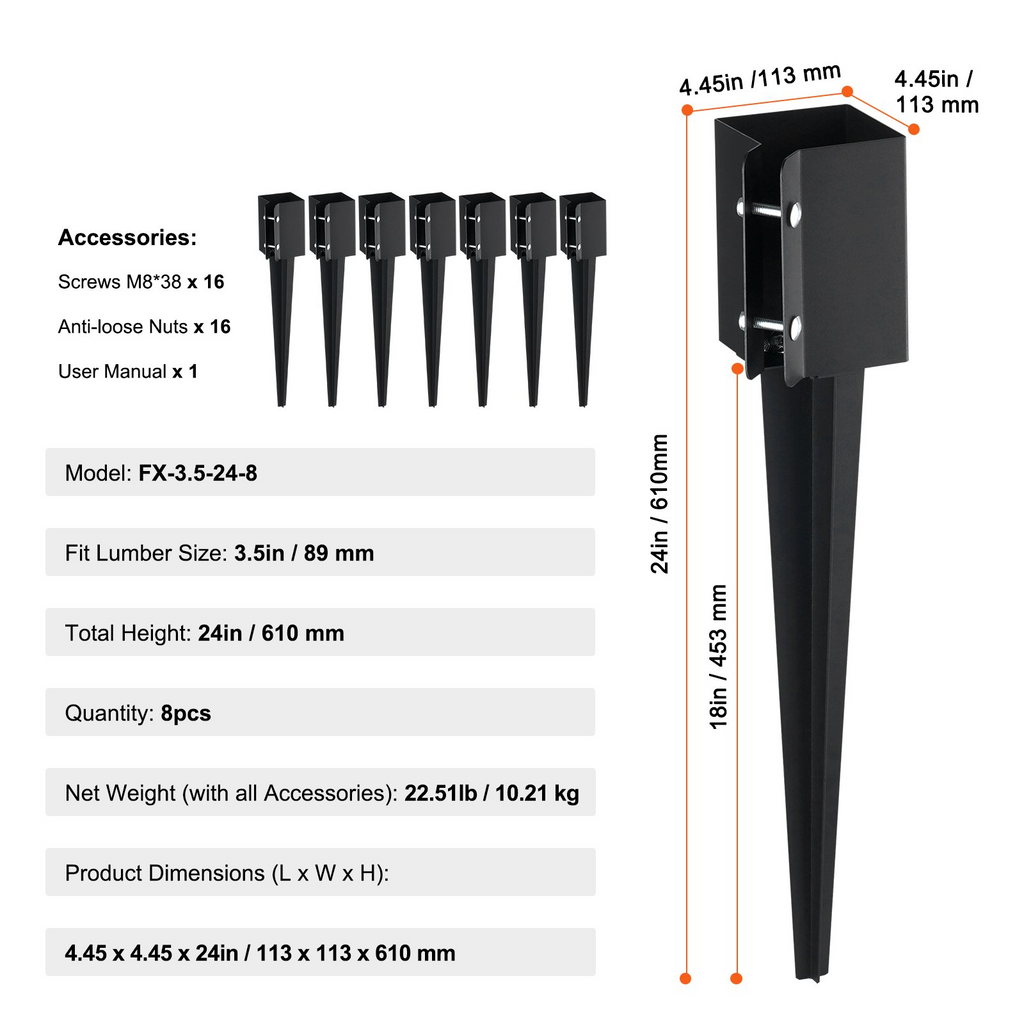 VEVOR - Estaca de anclaje para postes de cerca paquete de 8, 24 x 4 x 4 pulgadas de diámetro exterior (diámetro interior de 3,5 x 3,5 pulgadas)