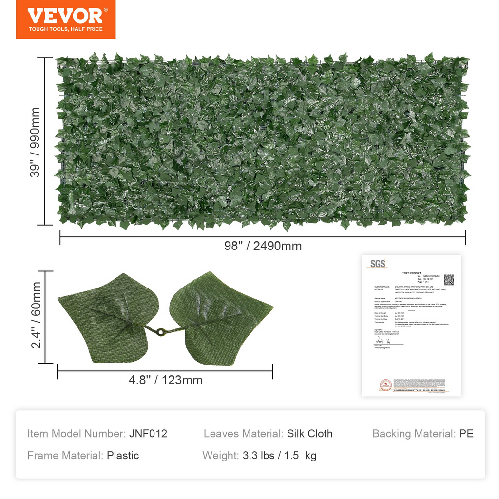 Valla de privacidad con hojas de hiedra artificial de imitación de 39" x 98" de VEVOR