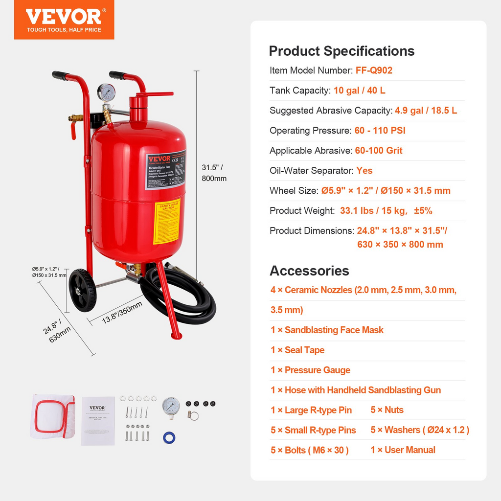 Máquina de chorro de arena VEVOR de 10 galones/40 l equipada con válvula de cierre de boquilla manómetro boquilla de cerámica ruedas de goma chorro de arena potente portátil