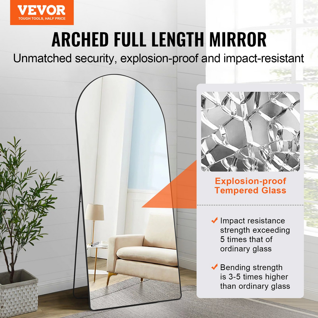 VEVOR Espejo de cuerpo entero arqueado 71'' x 32'' de pie grande para colgar en la pared con marco de aleación de aluminio color negro