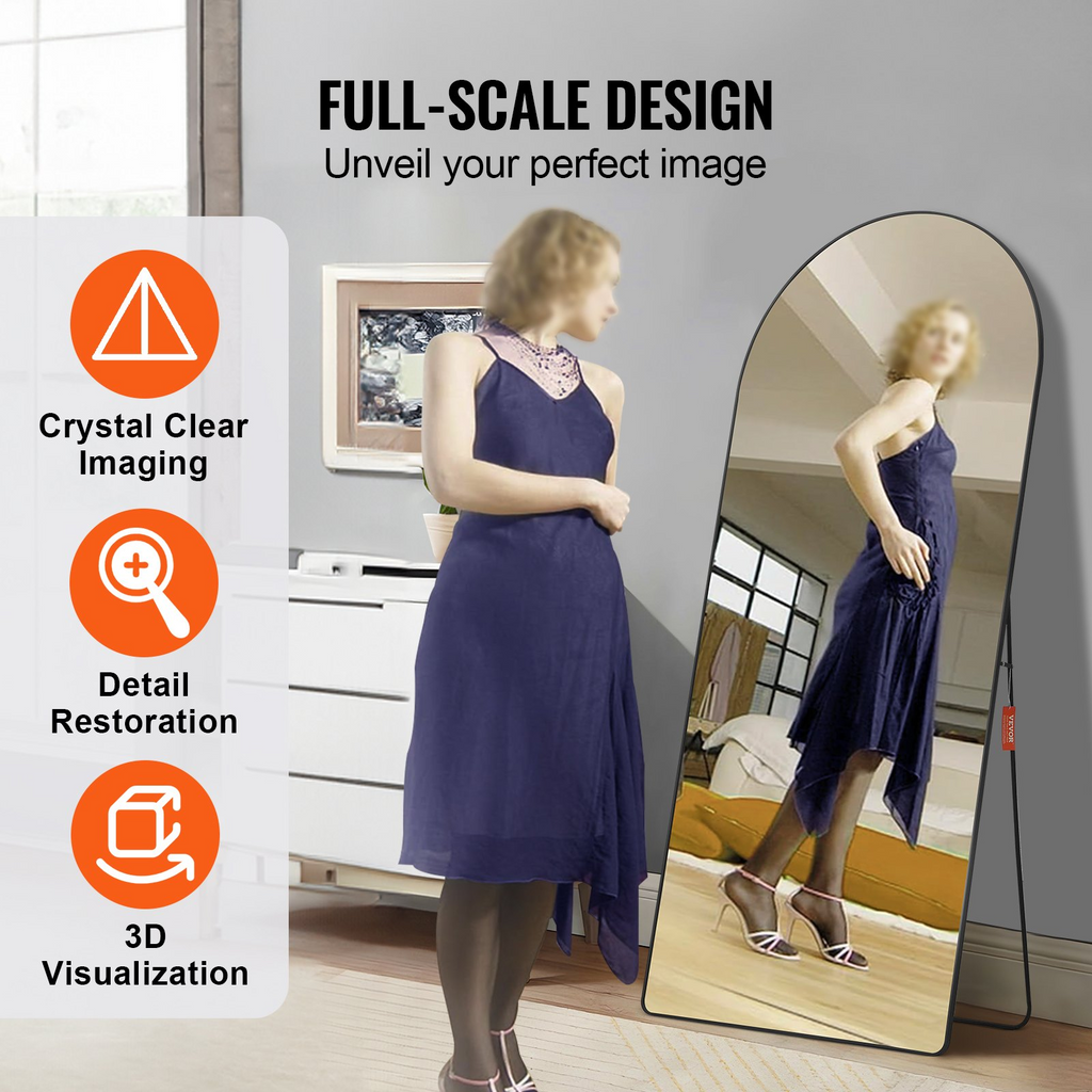 VEVOR Espejo de cuerpo entero arqueado 71'' x 32'' de pie grande para colgar en la pared con marco de aleación de aluminio color negro