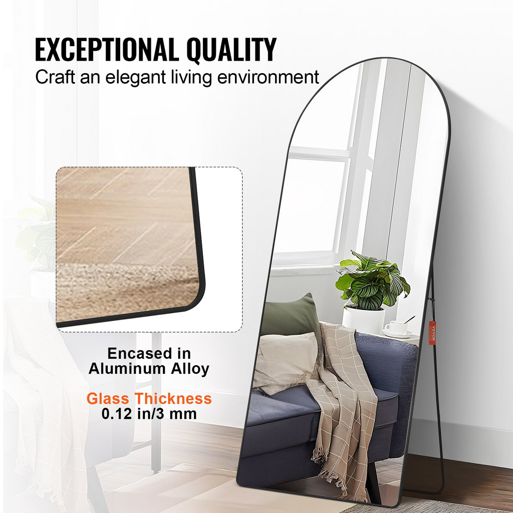 VEVOR Espejo de cuerpo entero arqueado 71'' x 32'' de pie grande para colgar en la pared con marco de aleación de aluminio color negro