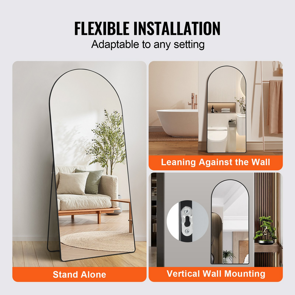 VEVOR Espejo de cuerpo entero arqueado 71'' x 32'' de pie grande para colgar en la pared con marco de aleación de aluminio color negro