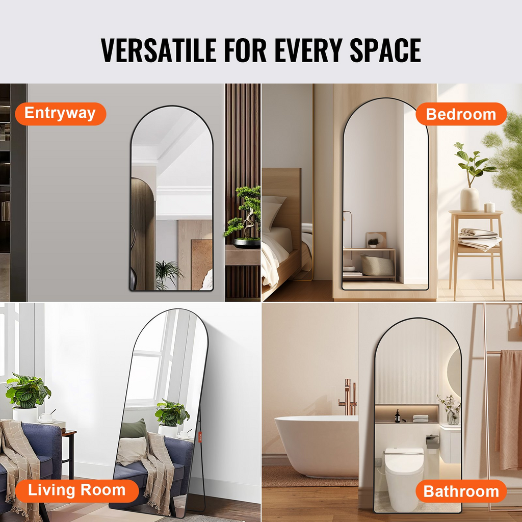 VEVOR Espejo de cuerpo entero arqueado 71'' x 32'' de pie grande para colgar en la pared con marco de aleación de aluminio color negro