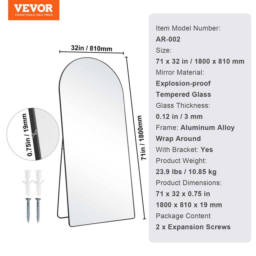 VEVOR Espejo de cuerpo entero arqueado 71'' x 32'' de pie grande para colgar en la pared con marco de aleación de aluminio color negro